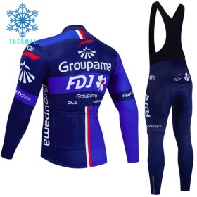 Set Fietsshirt Lange Mouw + Lange Koersbroek 2024 Groupama FDJ Winter Thermal Fleece Zwart Blauw